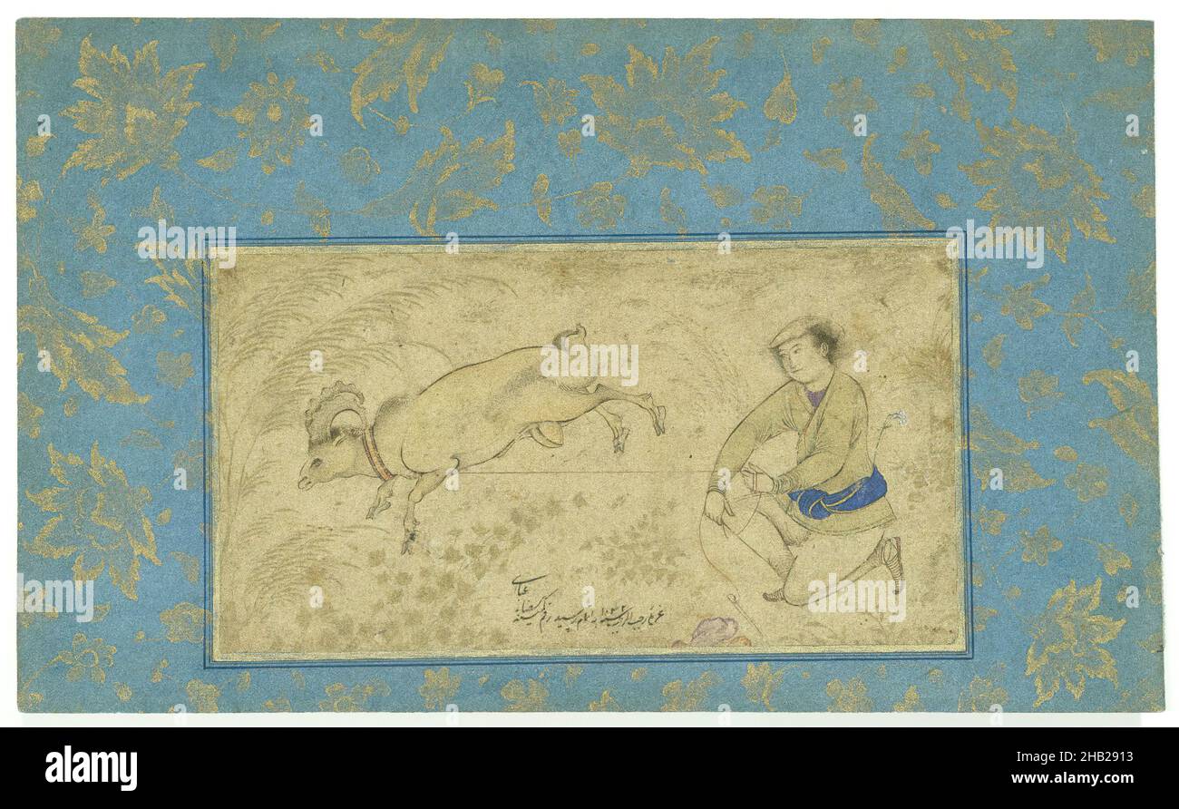 Crouching Youth Restrains a Bucking Ram in a Landscape, Riza `Abbasi, Persian, active 1585-1635, Ink, opaque watercolor, and gold on paper, Isfahan, Iran, AH 1032 / 1623 C.E., Safavid, Safavid, Exclusive of mounting: 3 11/16 x 16 13/16 in., 9.4 x 42.7 cm, animal, belt, blue, boy, drawing, figurative, figure, floral, gold, gold on paper, herder, husbandry, IMLS, ink, Iran, islamic, kicking, landscape, livestock, male figure, Middle Eastern, miniature, miniture, opaque, painting, Persian, ram, sheep, shepherd, Squarespace, watercolor, white, youth Stock Photo